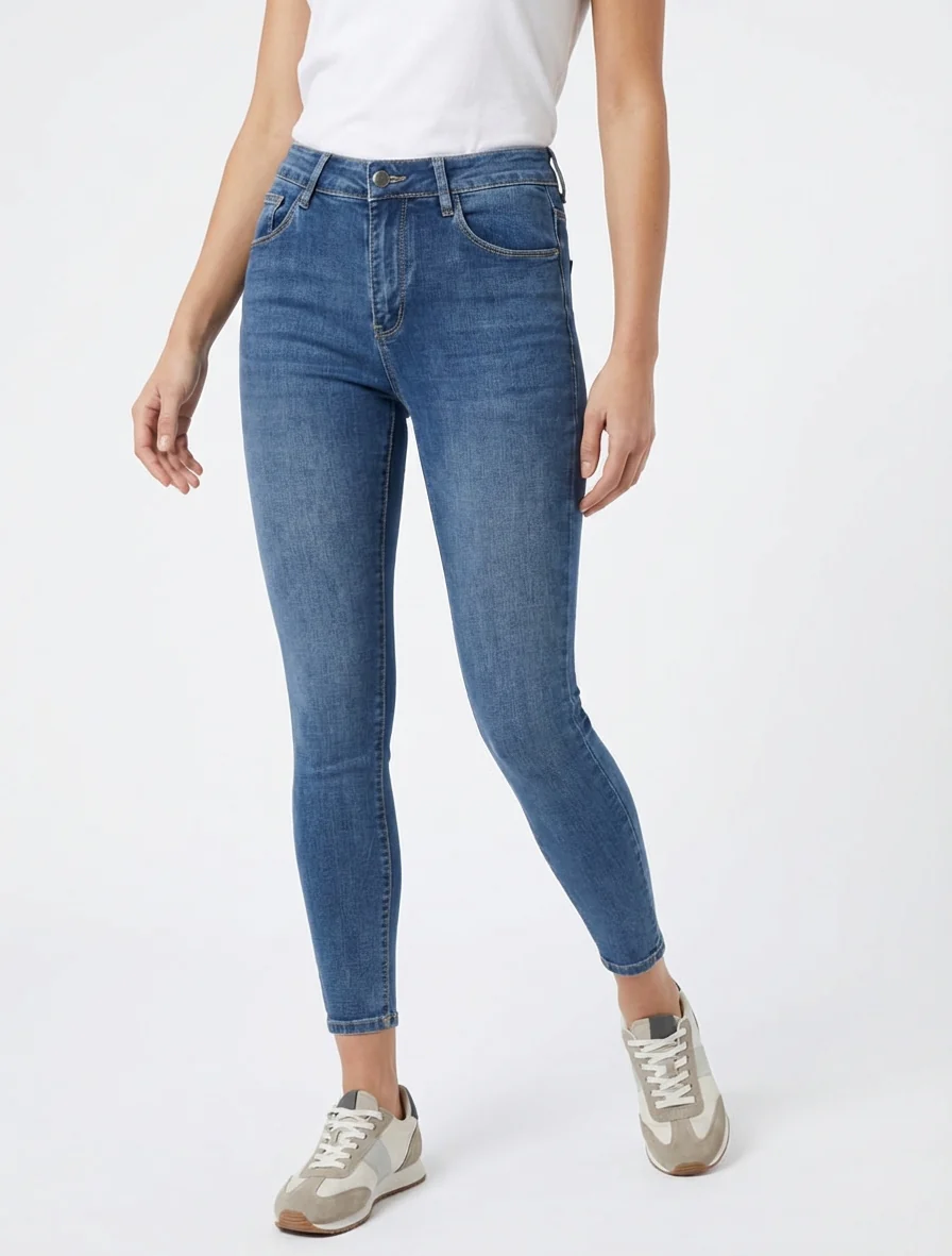 Jean skinny délavé à taille standard - Bleu - Image 4
