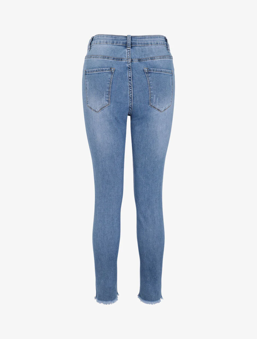 Jean skinny grande taille déchiré à bords coupe franche - Bleu clair - Image 2