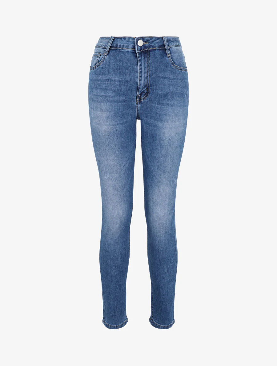 Jean skinny grande taille délavé et griffé - Bleu