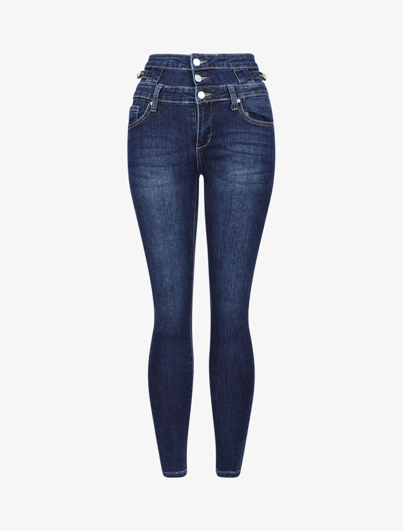 Jean skinny légèrement délavé à taille empire - Bleu denim
