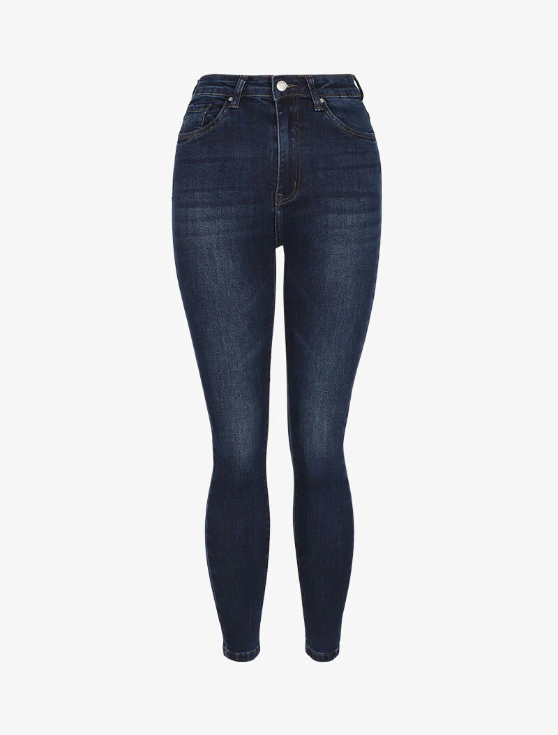 Jean skinny légèrement délavé à taille haute - Bleu foncé