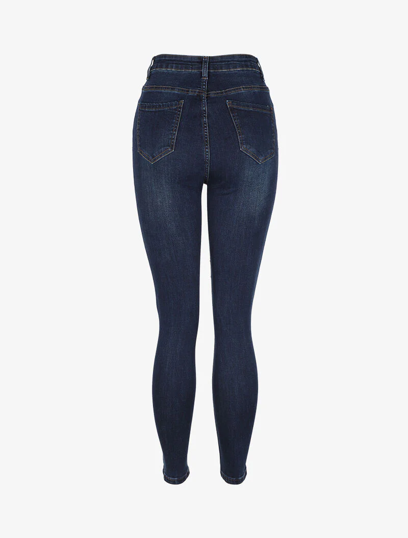 Jean skinny légèrement délavé à taille haute - Bleu foncé - Image 2