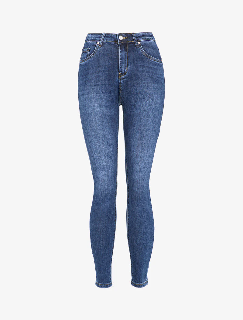 Jean skinny légèrement délavé à taille haute - Bleu