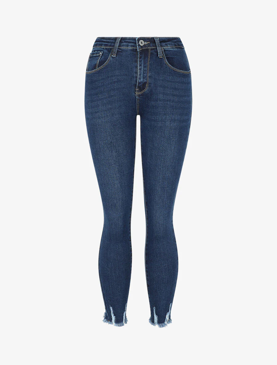 Jean skinny push up bords effilochés - Bleu denim