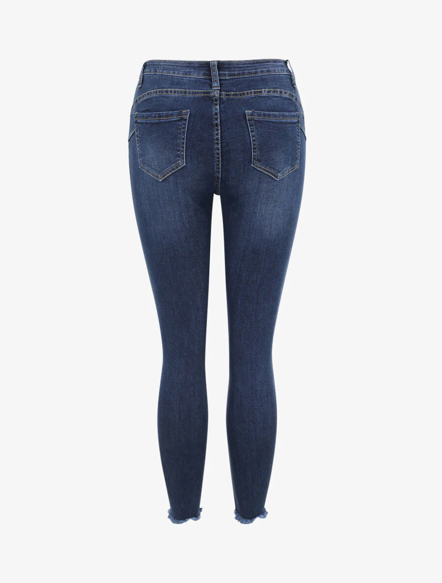 Jean skinny push-up déchiré taille haute - Bleu foncé - Image 2