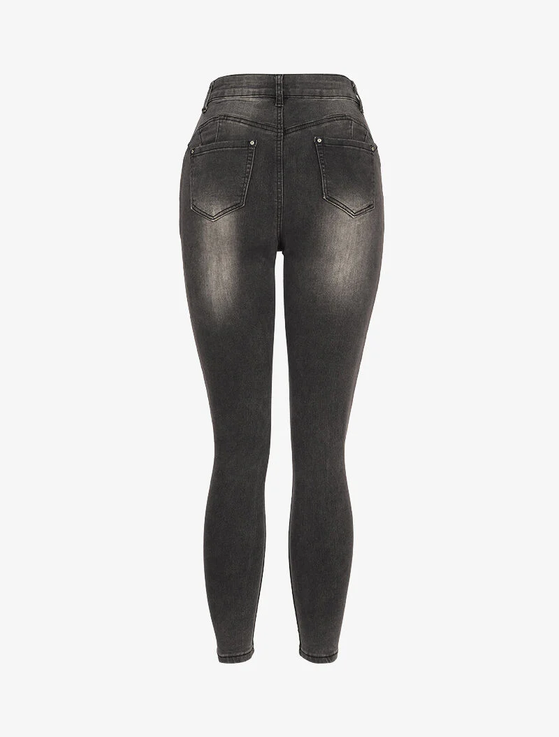 Jean skinny taille haute à coutures contrastantes à l'arrière - Gris foncé - Image 2