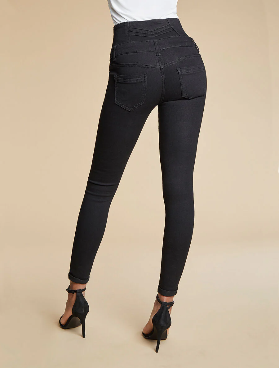 Jean skinny taille haute à coutures en V - Noir - Image 2