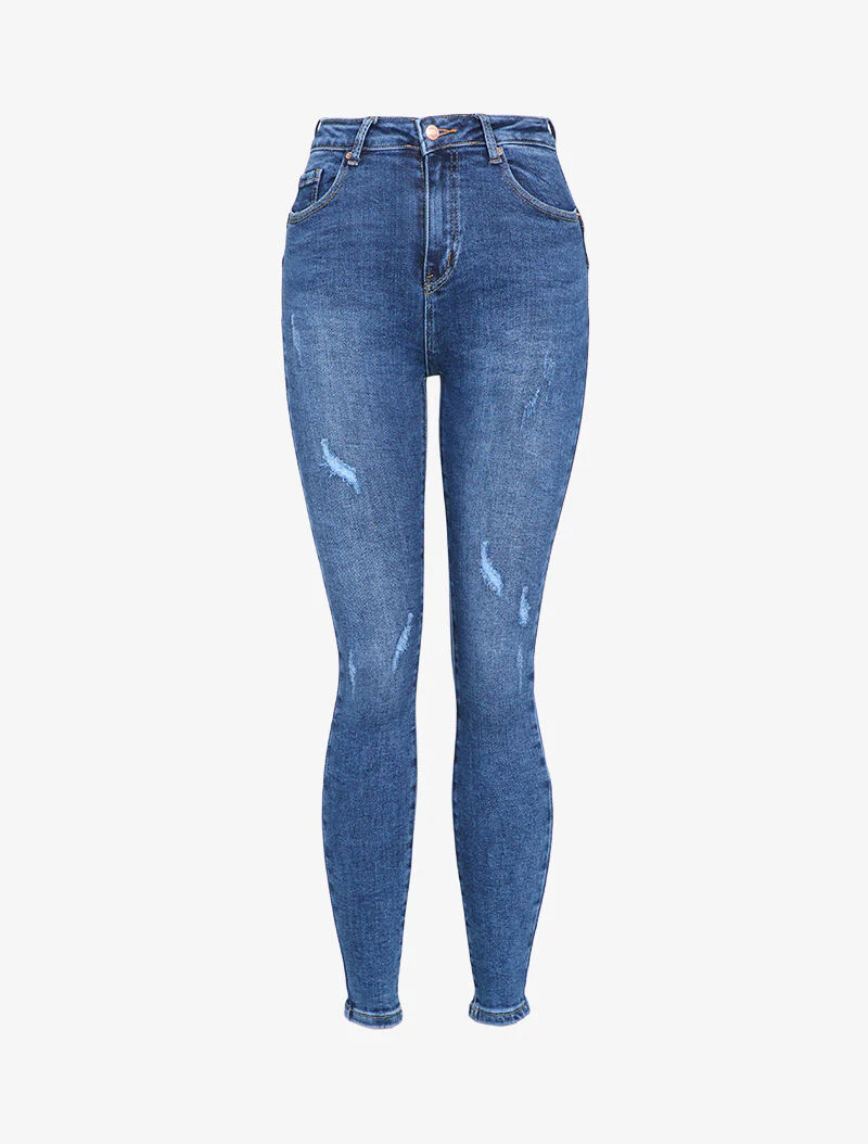Jean skinny taille haute à déchirures - Bleu denim