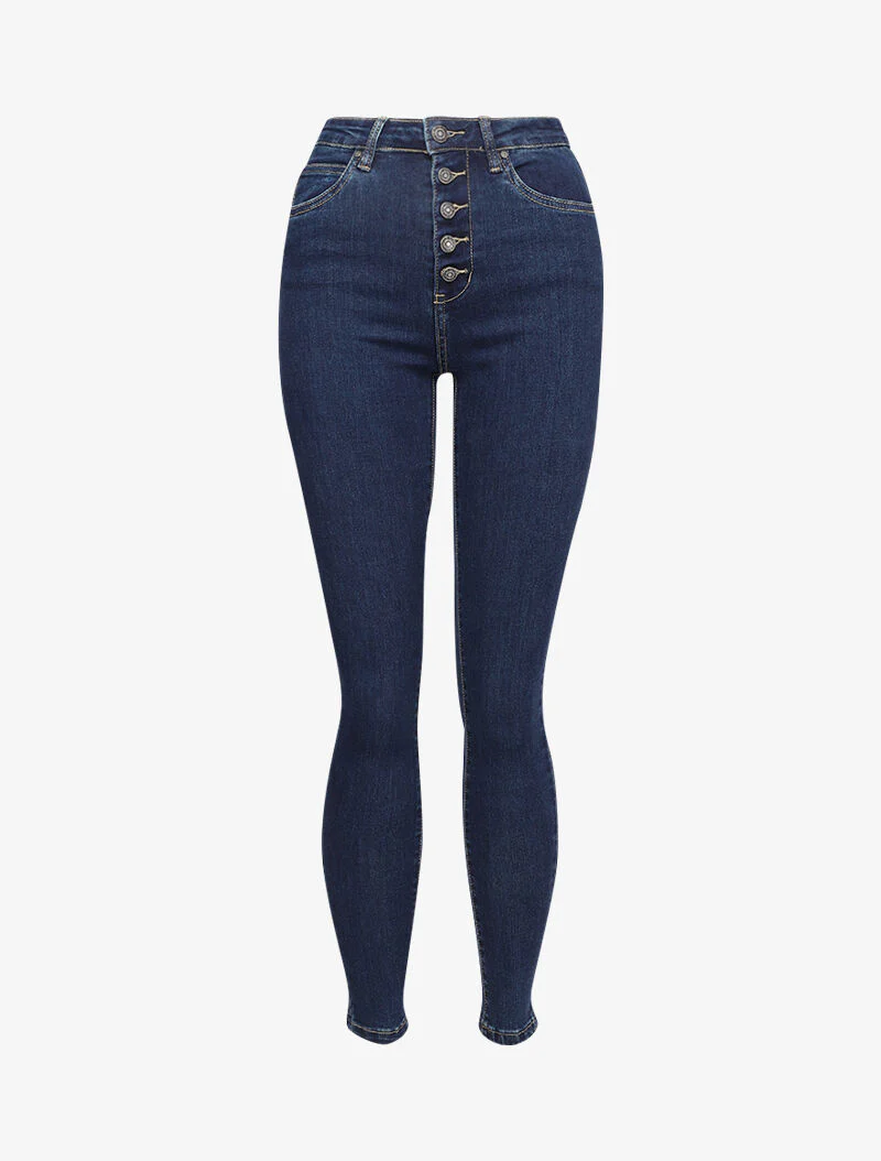 Jean skinny taille haute à fermeture boutonnée - Bleu foncé