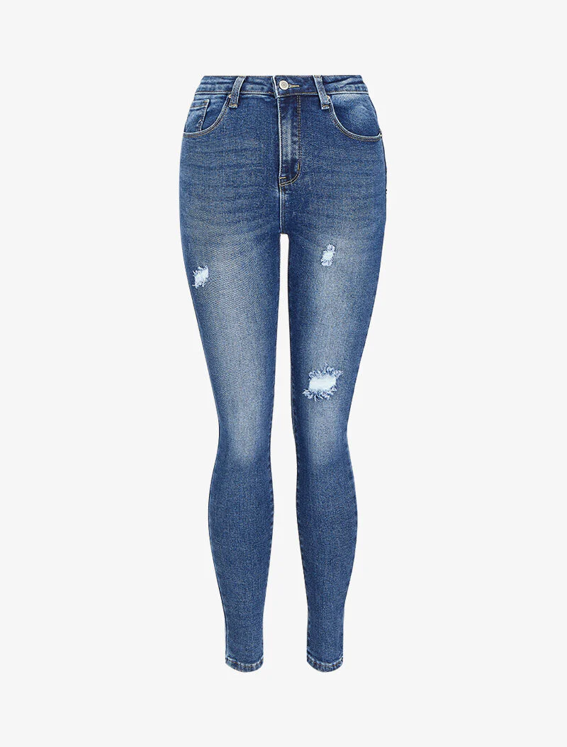 Jean skinny taille haute déchiré - Bleu denim