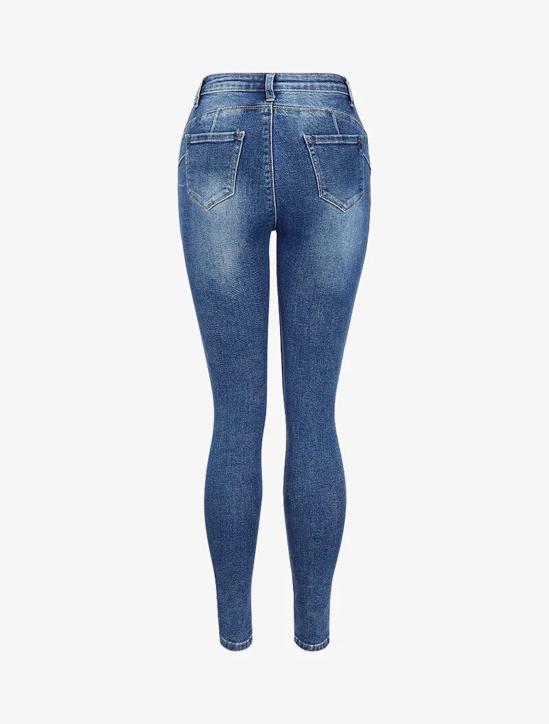 Jean skinny taille haute déchiré - Bleu denim - Image 2