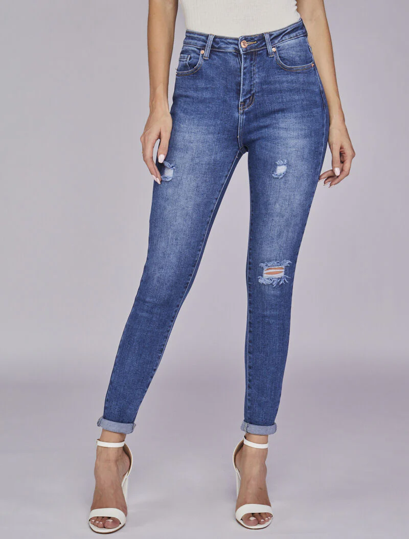 Jean skinny taille haute délavé et déchiré - Bleu denim