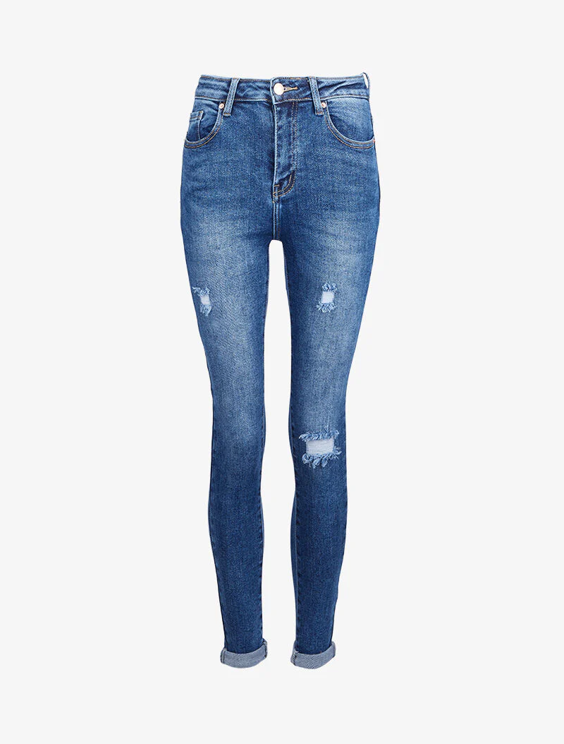 Jean skinny taille haute délavé et déchiré - Bleu denim - Image 3