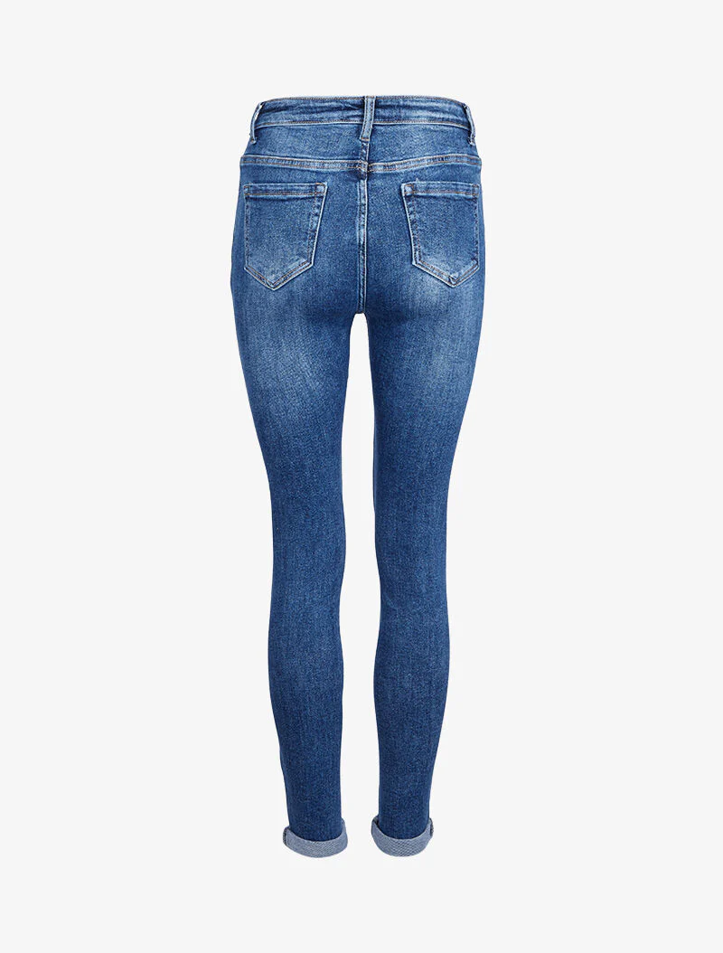 Jean skinny taille haute délavé et déchiré - Bleu denim - Image 4
