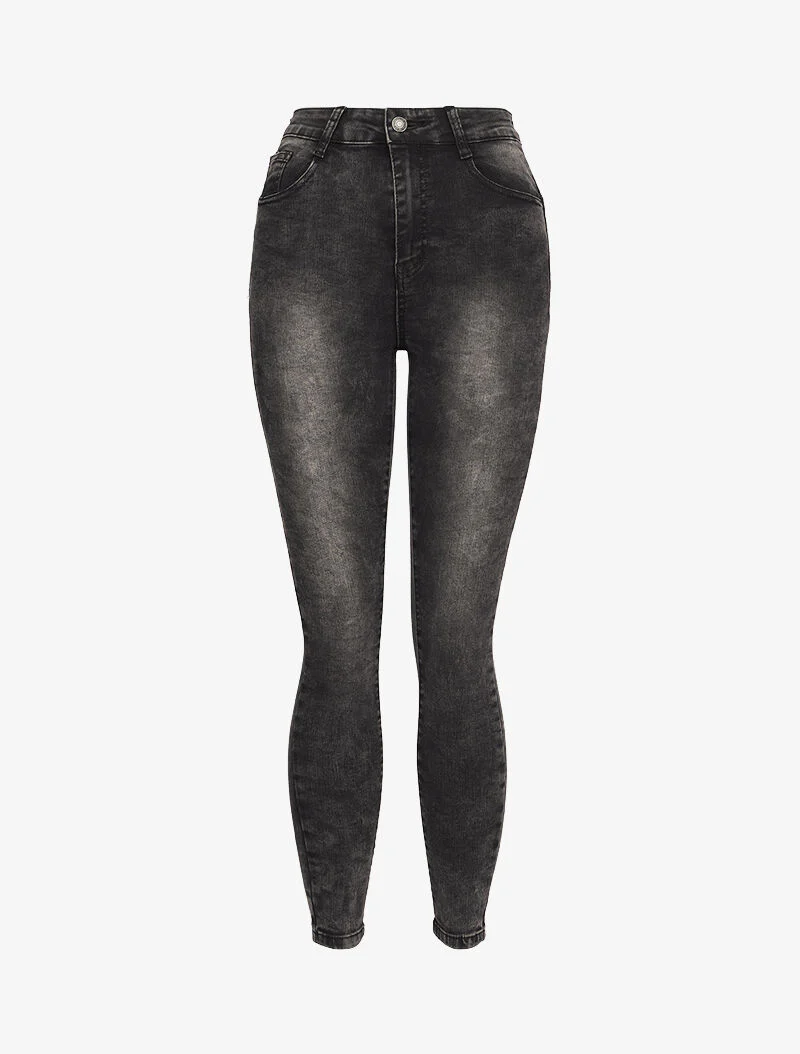 Jean skinny taille haute et délavé - Gris foncé