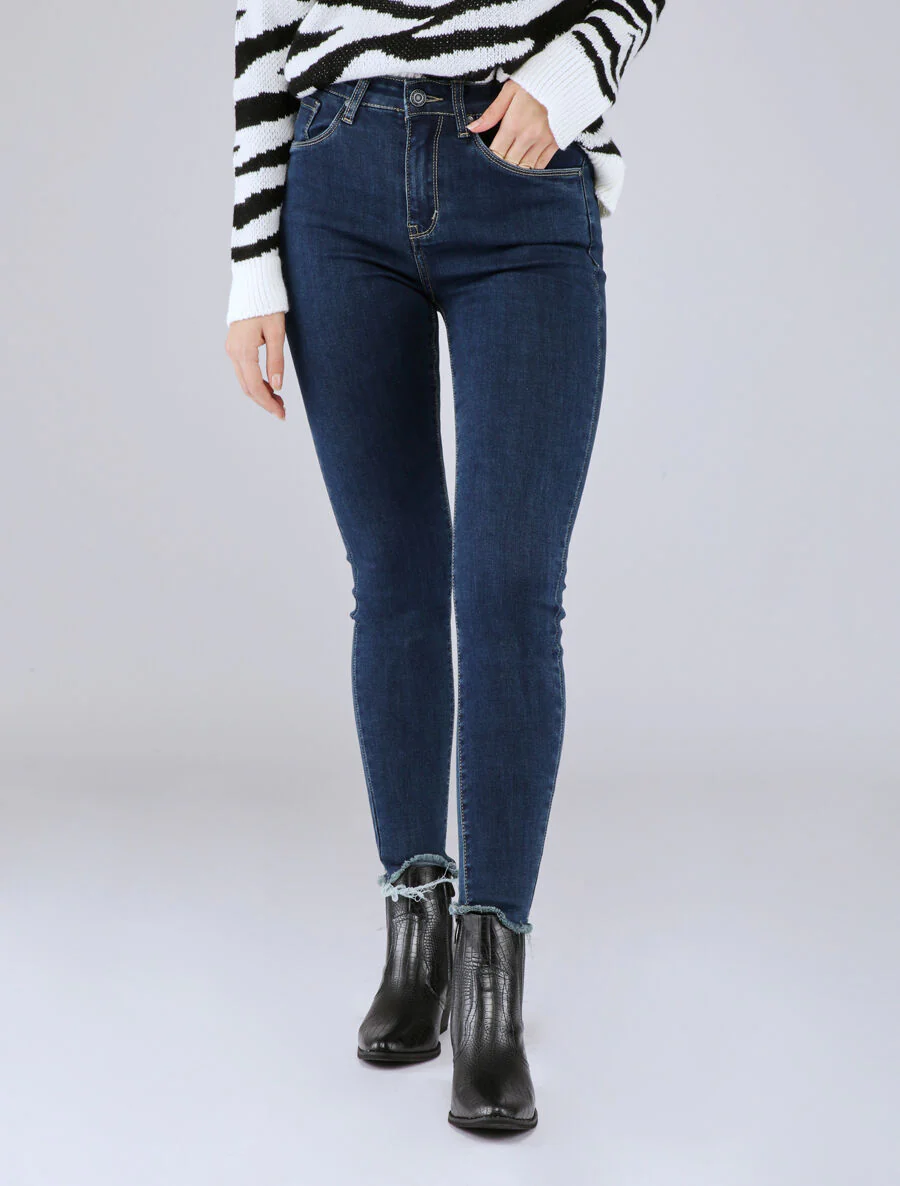 Jean skinny taille standard à bords coupe franche - Bleu foncé