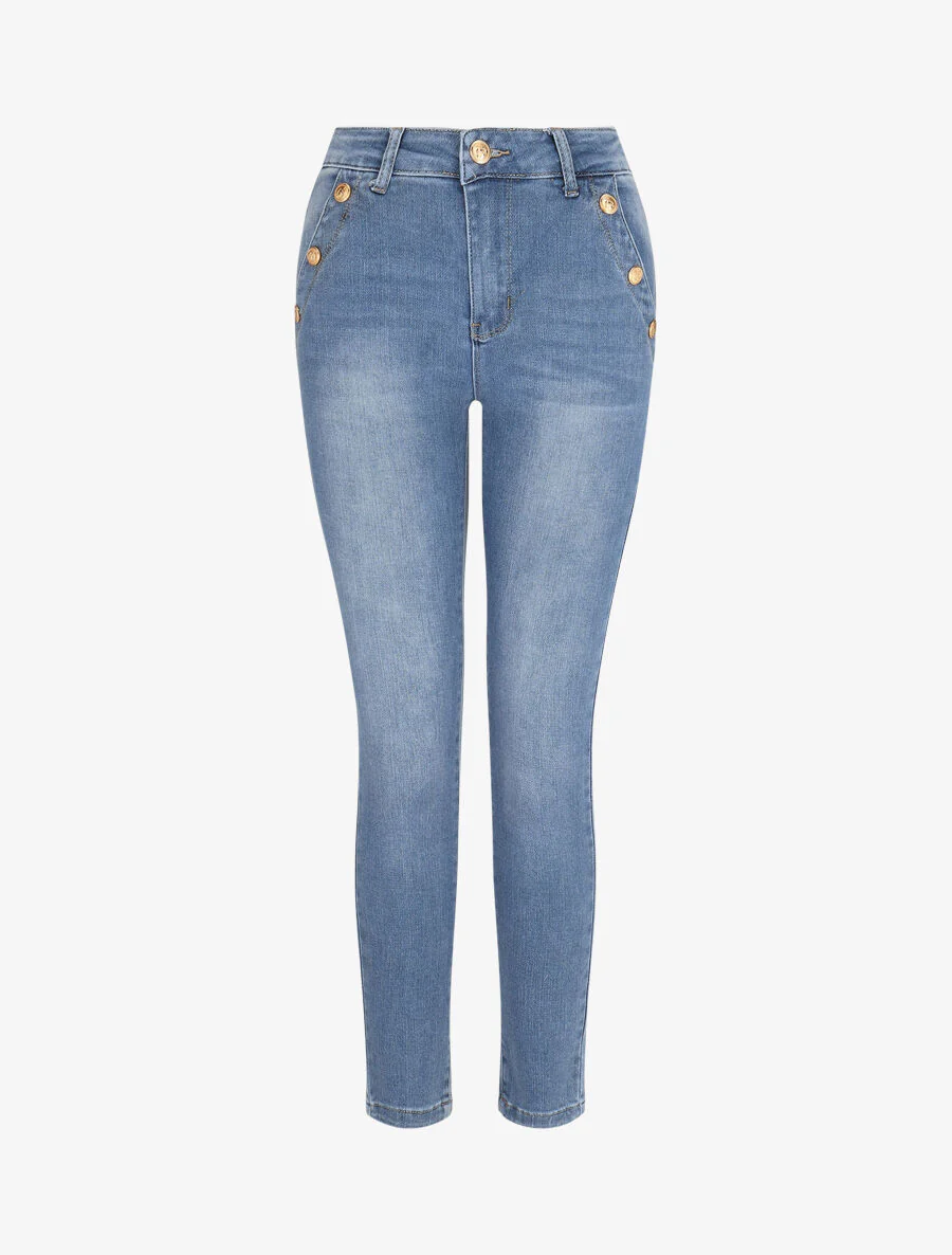 Jean skinny taille standard poches à boutons décoratifs - Bleu