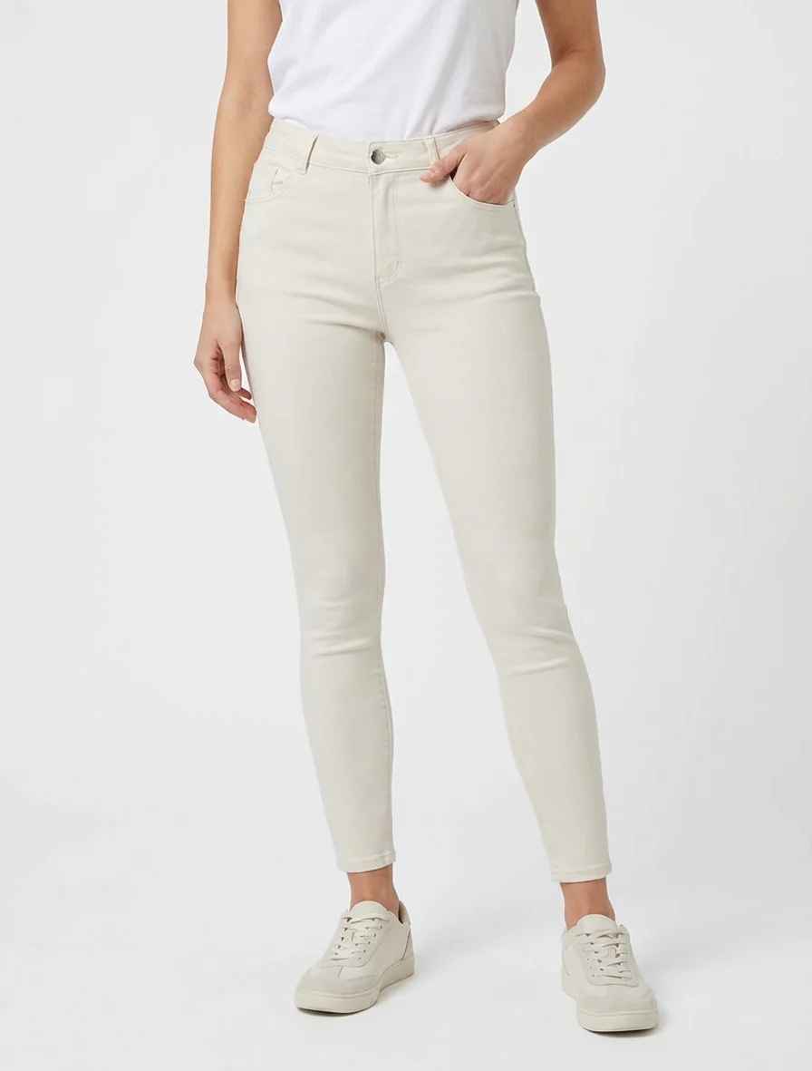 Jean skinny uni à taille standard - Beige clair - Image 4