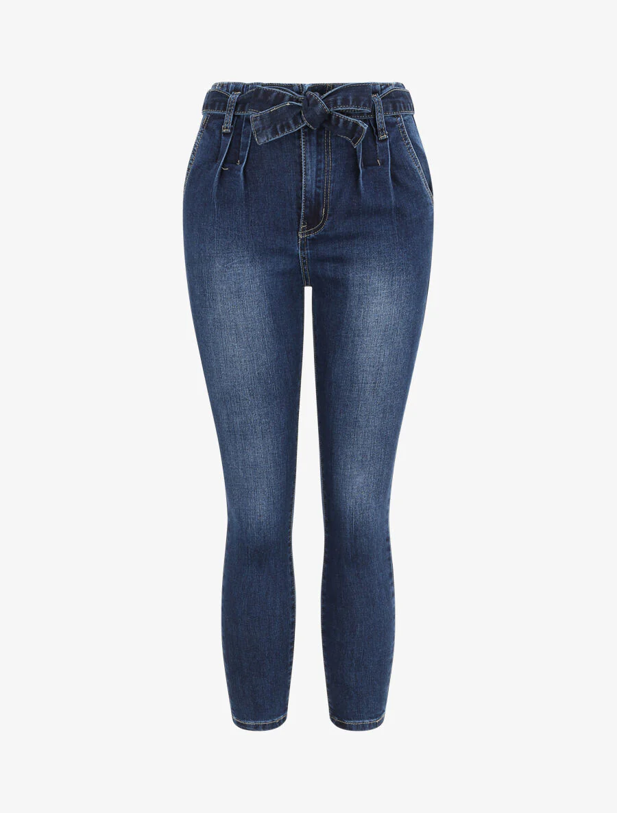 Jean slim 7/8 à taille haute à pinces - Bleu foncé
