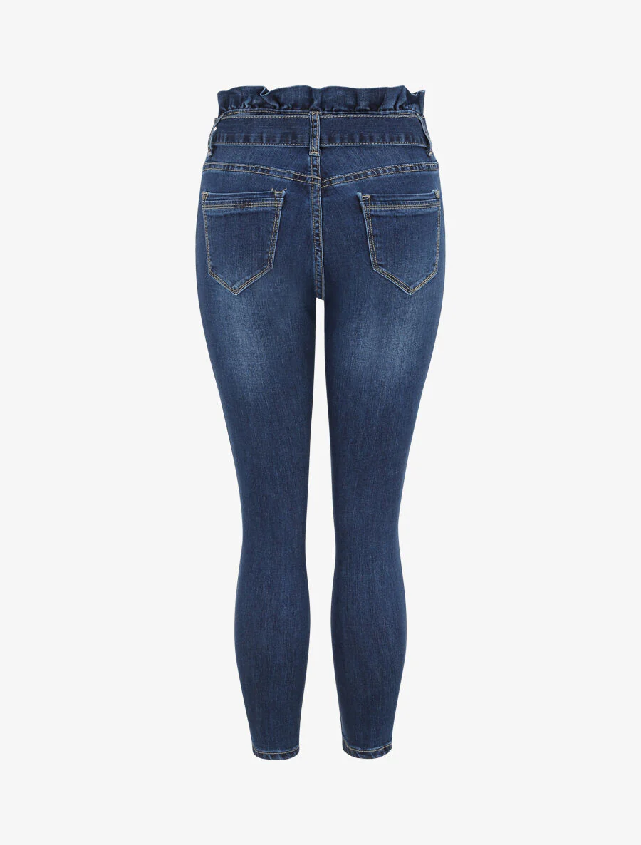 Jean slim 7/8 à taille haute volantée - Bleu foncé - Image 2