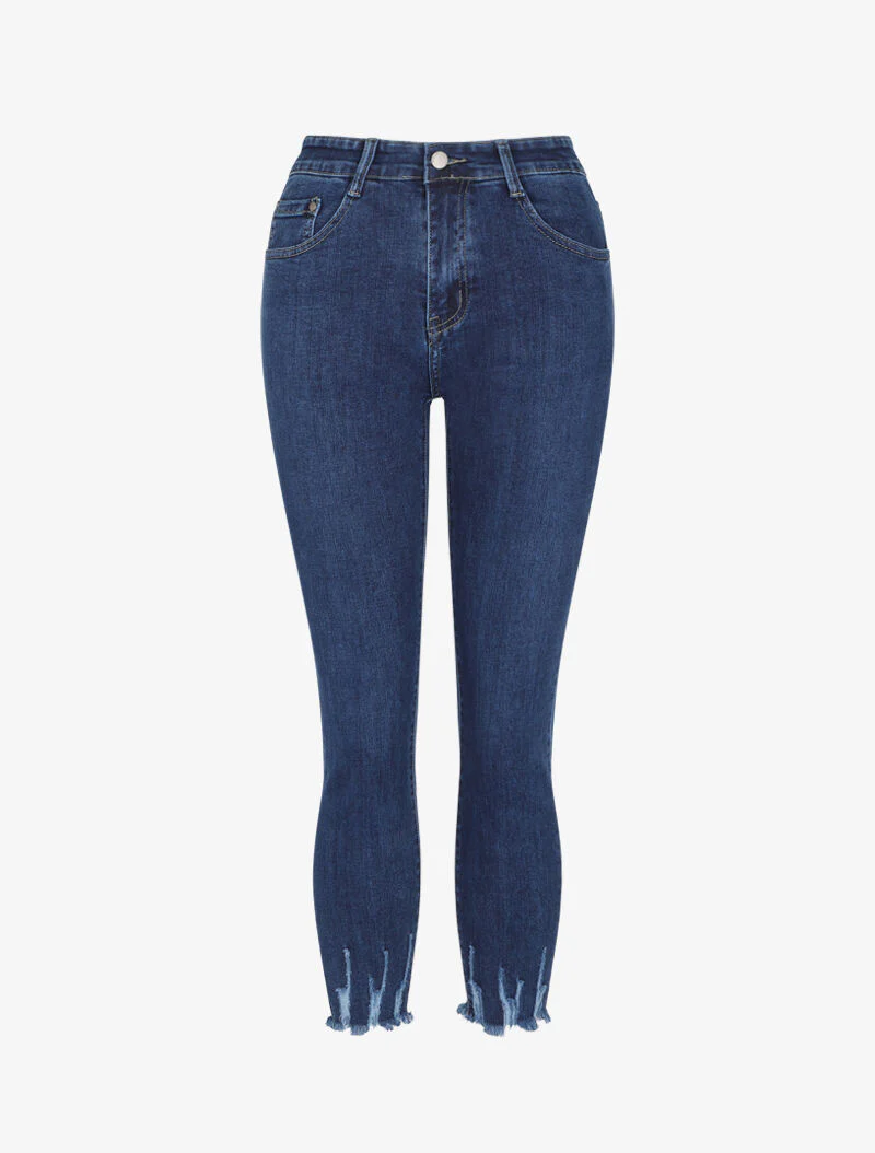 Jean slim 7/8 bords coupe franche à griffures - Bleu denim