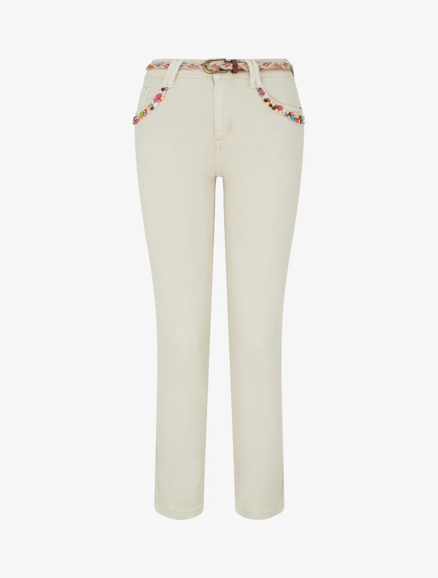 Jean slim à perles fantaisies et ceinture - Beige