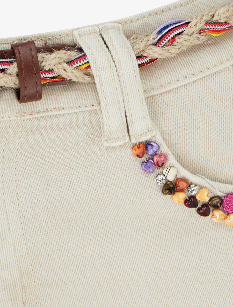 Jean slim à perles fantaisies et ceinture - Beige - Image 3