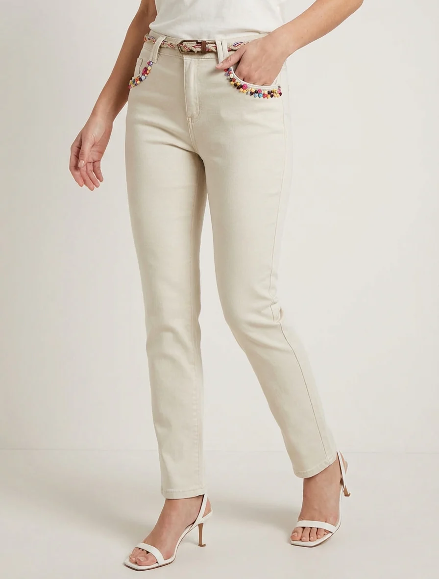 Jean slim à perles fantaisies et ceinture - Beige - Image 4