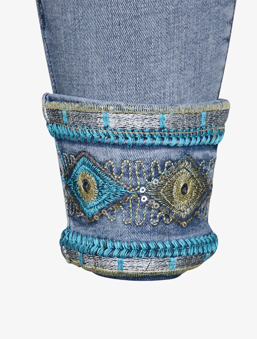 Jean slim à revers ornées de sequins style oriental - Bleu clair - Image 3