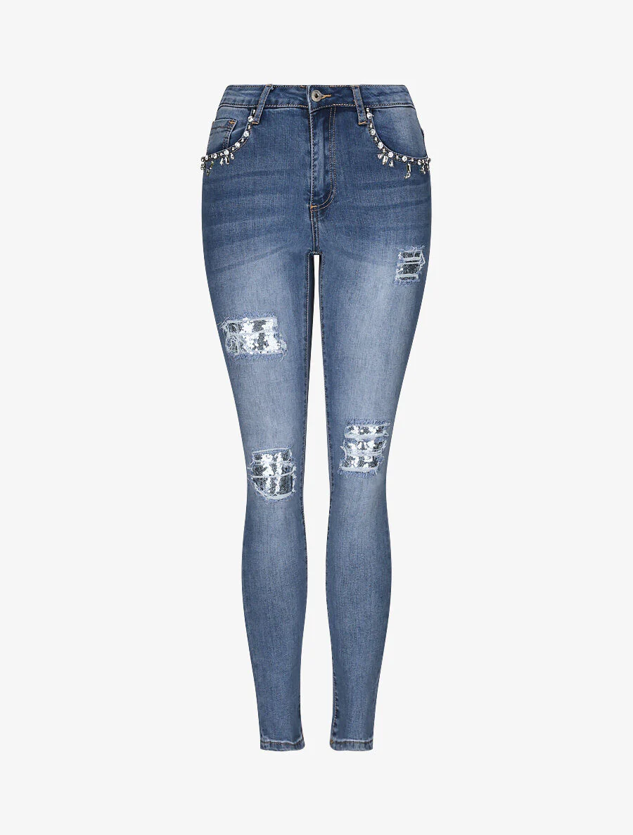 Jean slim déchiré à poches strassées - Bleu denim