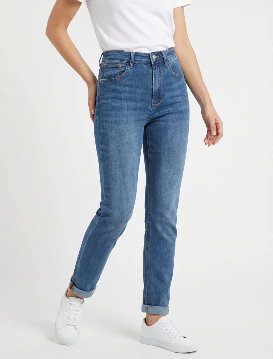 Jean slim délavé taille haute - Bleu - Image 4
