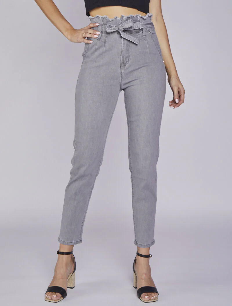 Jean slim paperbag à taille effilochée - Gris