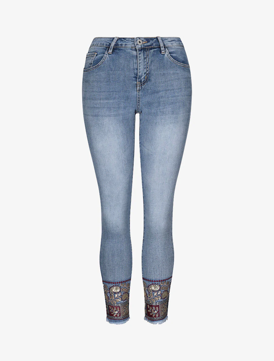 Jean slim push-up taille haute broderie cachemire - Bleu
