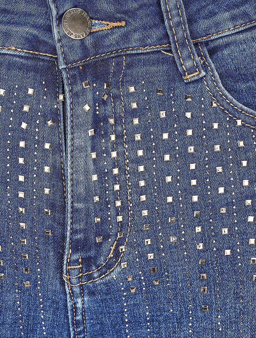 Jean slim taille haute à strass - Bleu - Image 3