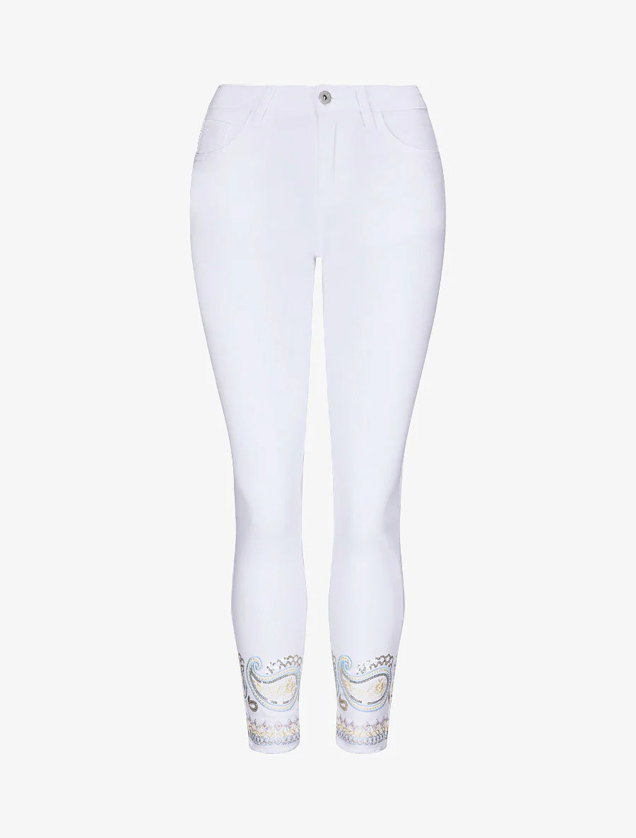 Jean slim taille haute broderie cachemire stylisée - Blanc