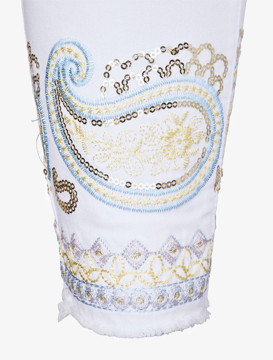 Jean slim taille haute broderie cachemire stylisée - Blanc - Image 3