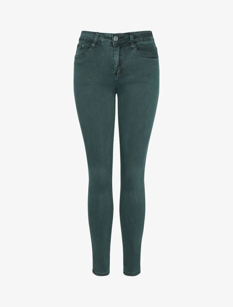Jean slim uni taille haute - Vert canard