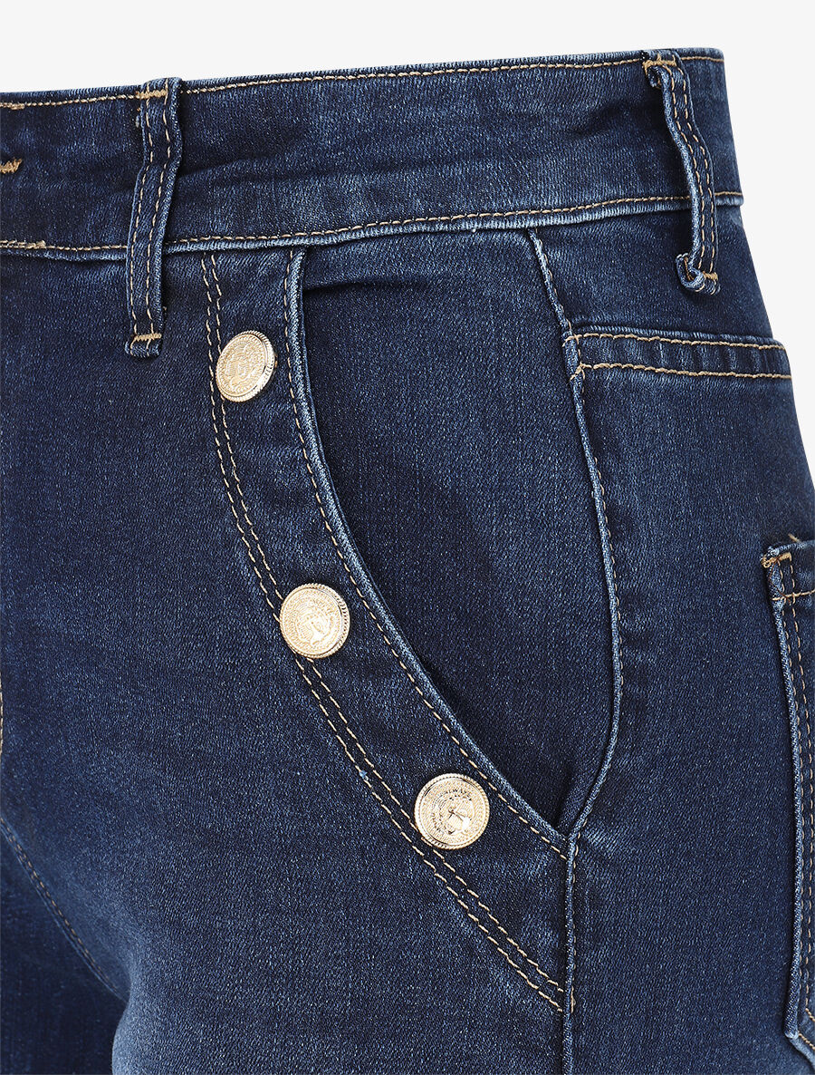 Jean standard à boutons décoratifs coupe flare - Bleu - Image 3