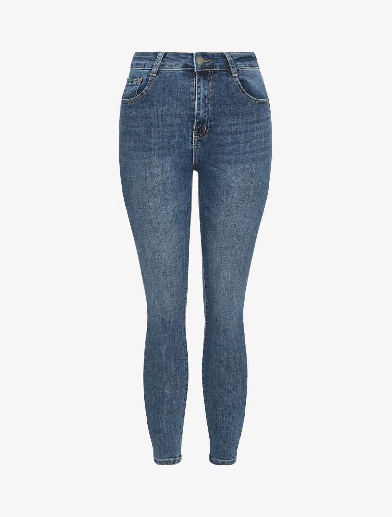 Jean stretch délavé taille haute - Bleu denim