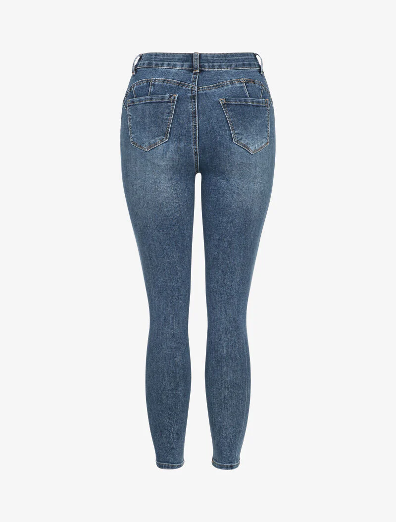 Jean stretch délavé taille haute - Bleu denim - Image 2