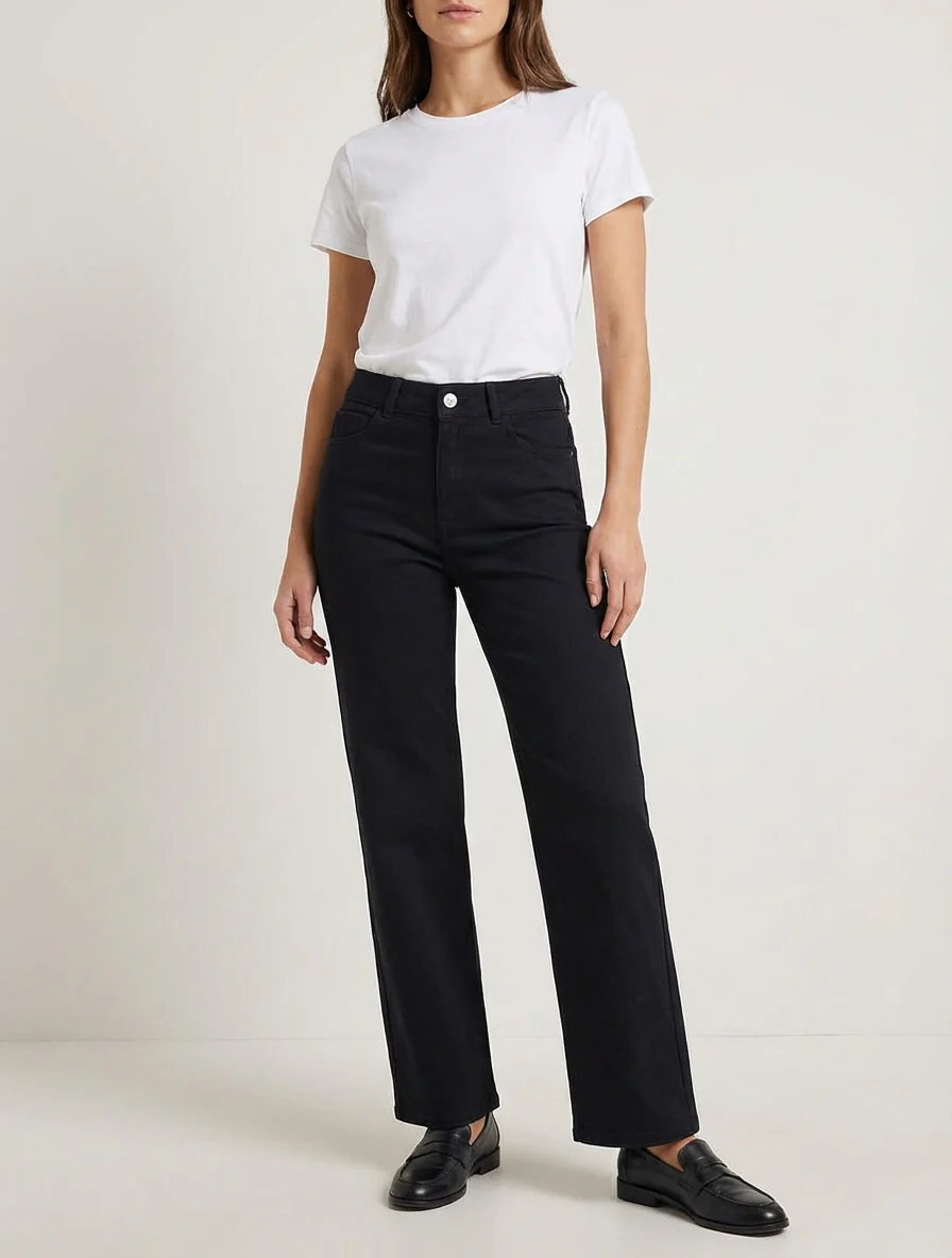 Jean stretch droit à taille haute - Noir - Image 4