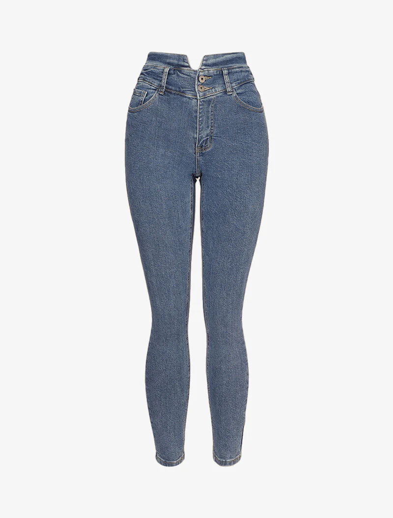 Jean taille empire fendue et 2 boutons - Bleu