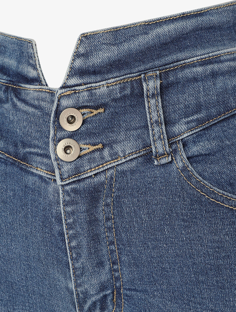 Jean taille empire fendue et 2 boutons - Bleu - Image 3