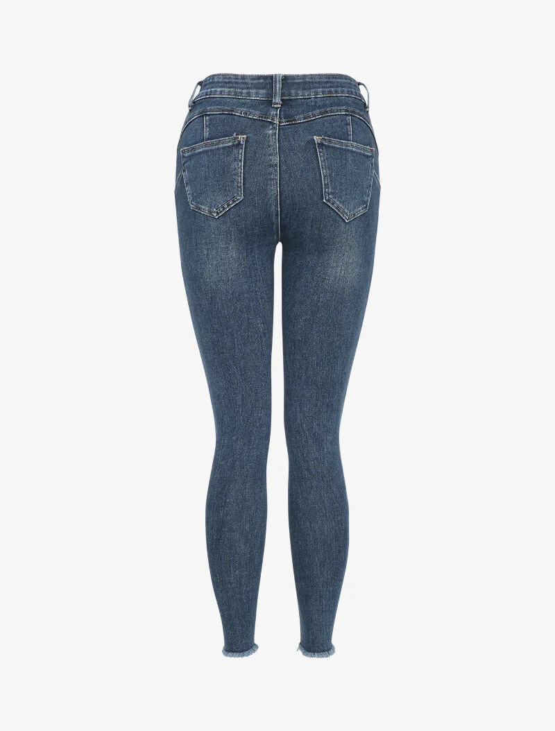 Jean taille haute à bords déchirés - Bleu denim - Image 2