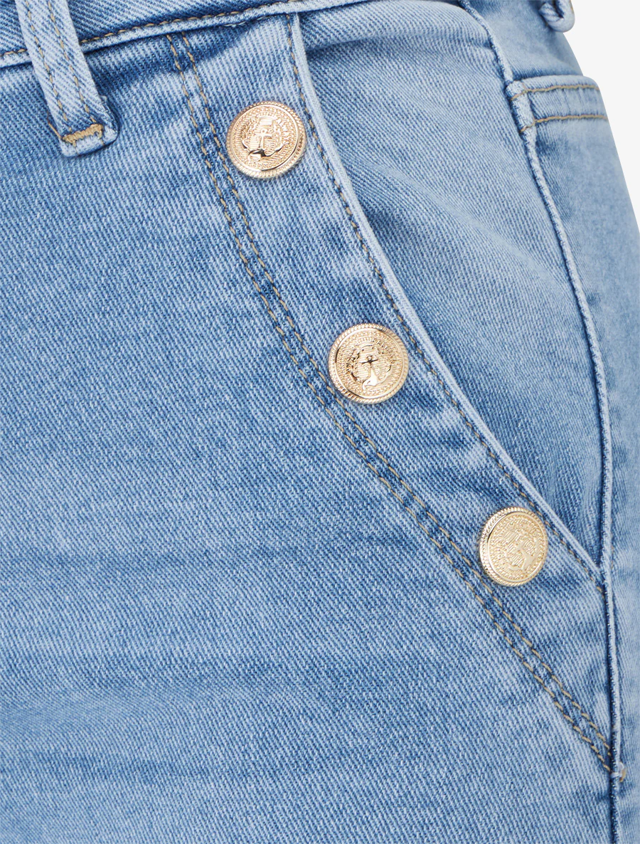 Jean taille haute à boutons décoratifs coupe droite - Bleu - Image 3