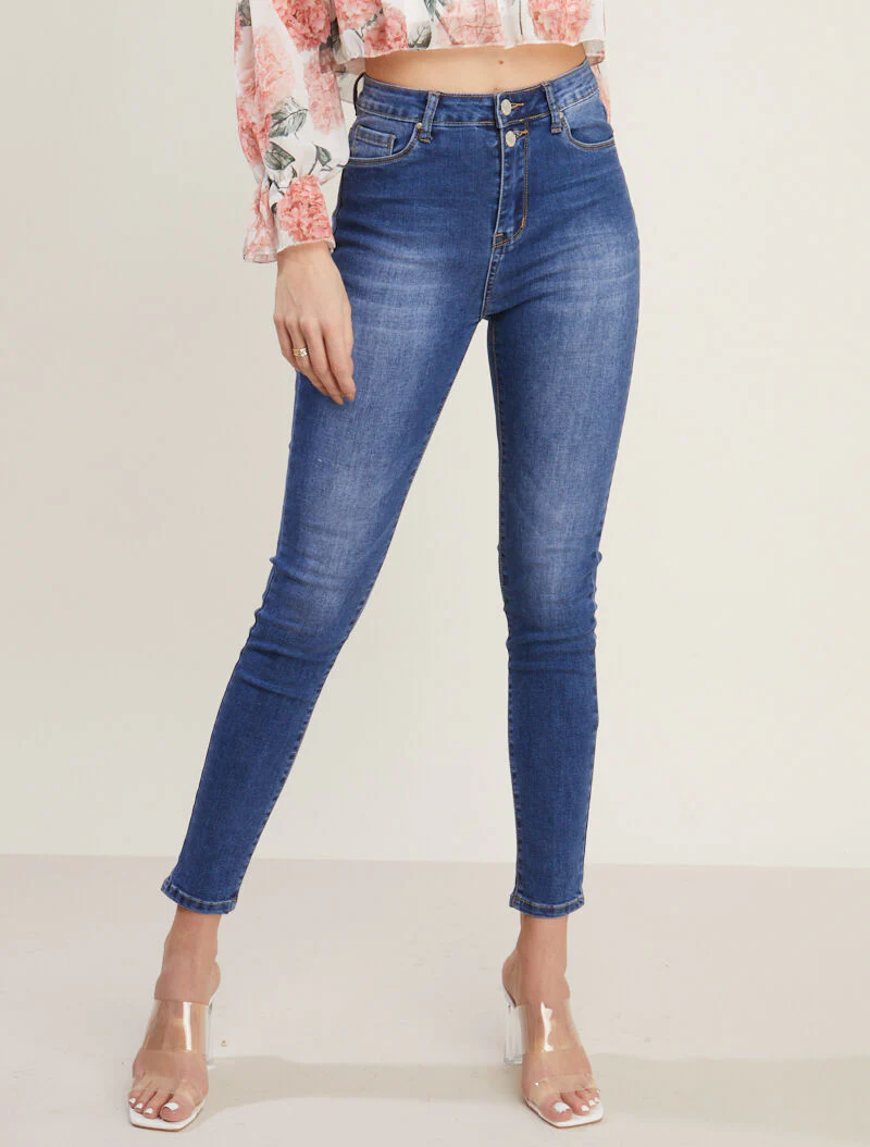 Jean taille haute à deux boutons - bleu denim