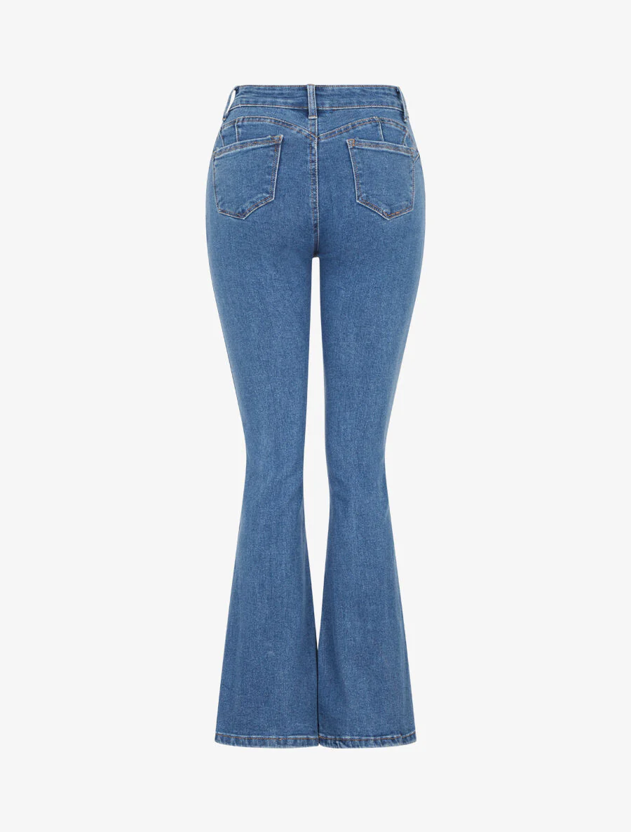 Jean taille haute coupe flare - Bleu denim - Image 2
