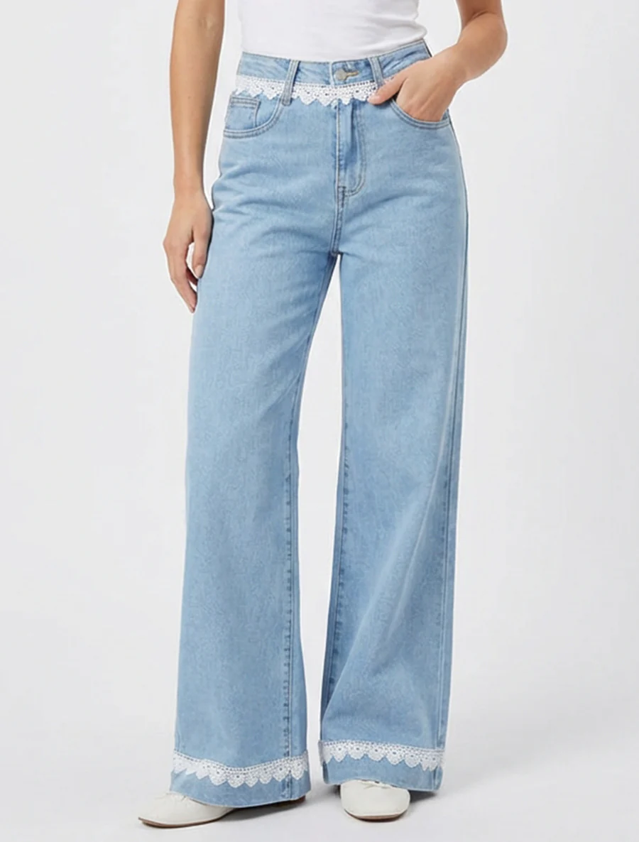 Jean wide leg à dentelle - Bleu - Image 4