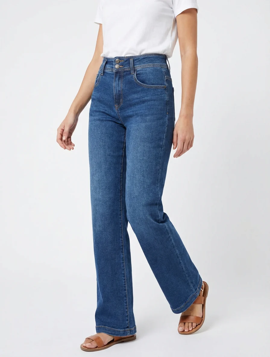 Jean wide leg à fermeture 2 boutons - Bleu - Image 4