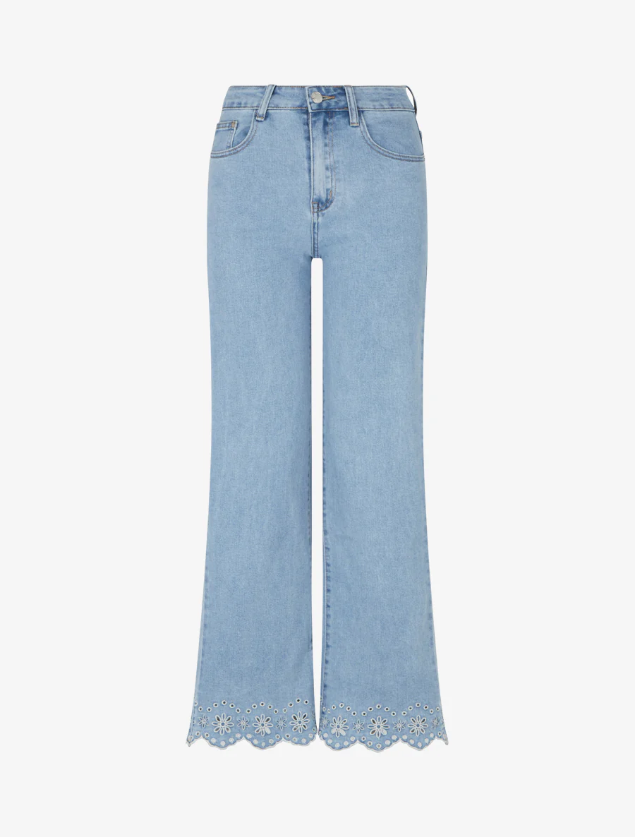 Jean wide leg à motif fleurs ajourés - Bleu